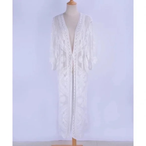 Scalloped Sheer Mesh Lace Boho Kimono Coverup Wrap - Picture 6 of 7